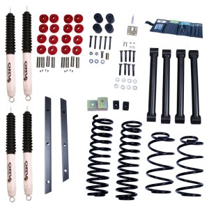 Jeep Wrangler TJ Suspension Lift Kit - Rugged Ridge - Rugged Ridge 2 in Lift; Incl. Shocks/Coil Springs/Lower Links/Track Bar Relocation Bracket/Transfer Case Relocation Bracket/Hardware Kits - Black - `97-`02